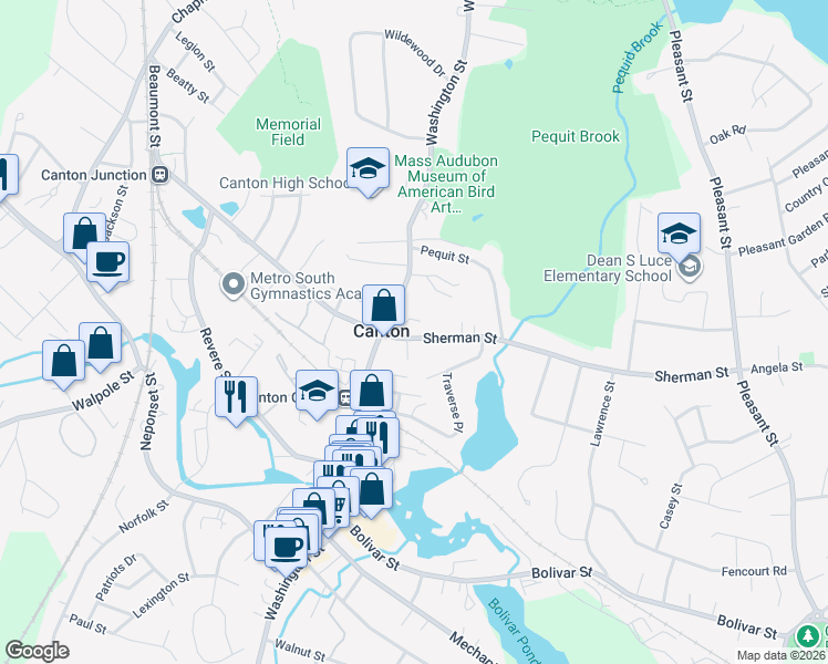 map of restaurants, bars, coffee shops, grocery stores, and more near 345 Sherman Street in Canton