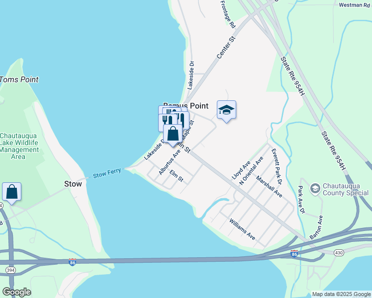 map of restaurants, bars, coffee shops, grocery stores, and more near 23 Main Street in Bemus Point