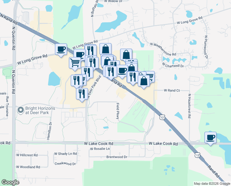 map of restaurants, bars, coffee shops, grocery stores, and more near 20406 U.S. 12 in Deer Park