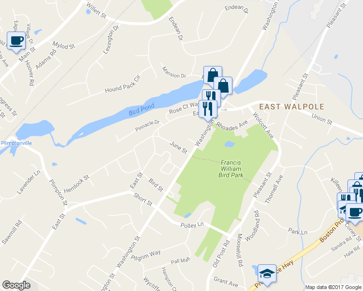 map of restaurants, bars, coffee shops, grocery stores, and more near 27 June Street in Walpole