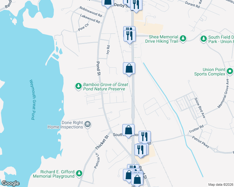 map of restaurants, bars, coffee shops, grocery stores, and more near 47 Abbott Street in Weymouth