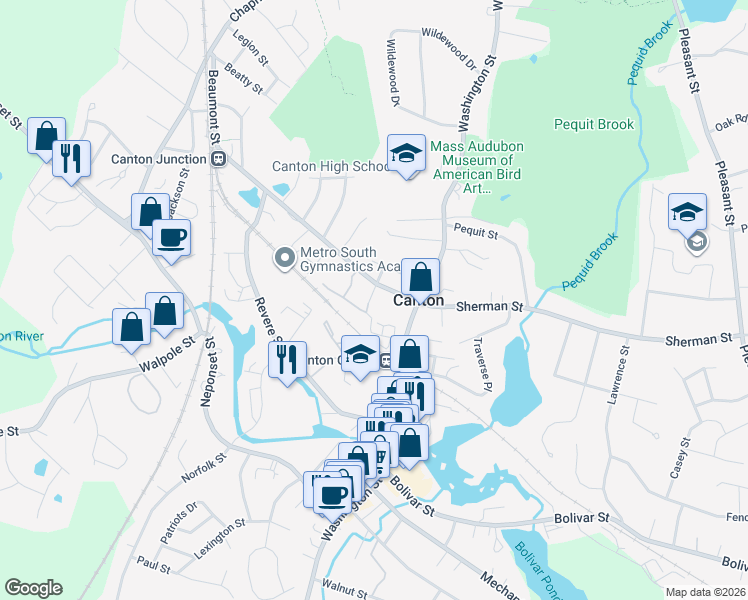 map of restaurants, bars, coffee shops, grocery stores, and more near 14 Cross Street in Canton