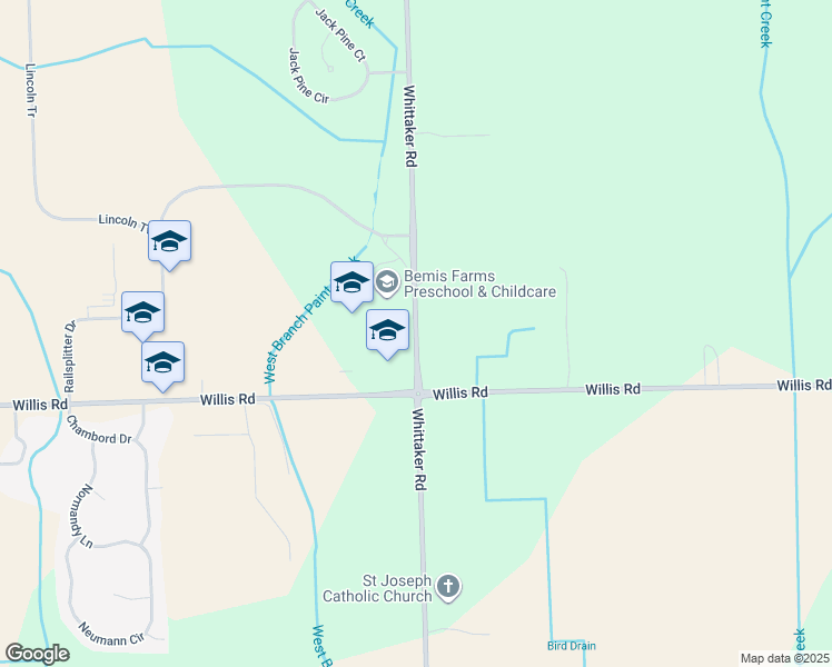 map of restaurants, bars, coffee shops, grocery stores, and more near 8888 Whittaker Road in Ypsilanti