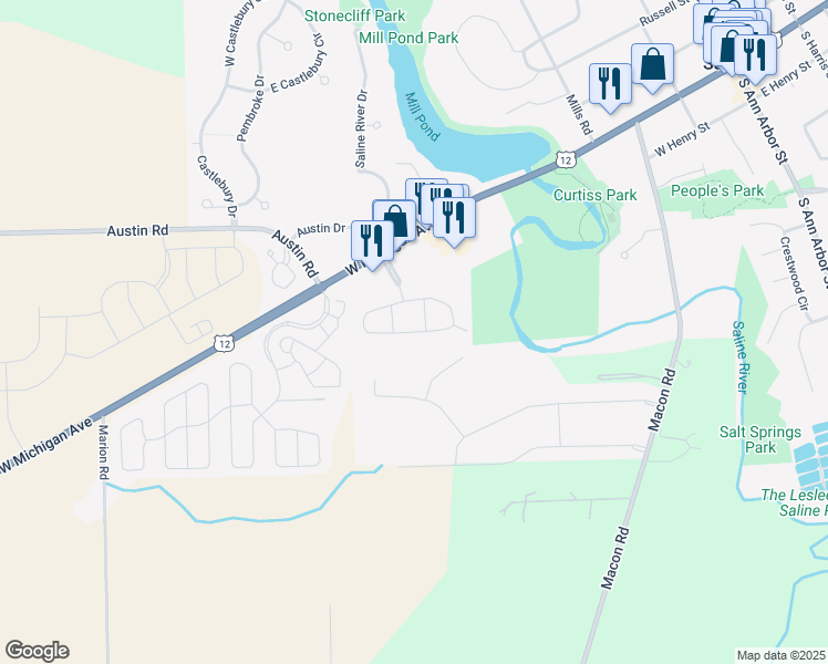 map of restaurants, bars, coffee shops, grocery stores, and more near 724 Valley Circle Drive in Saline