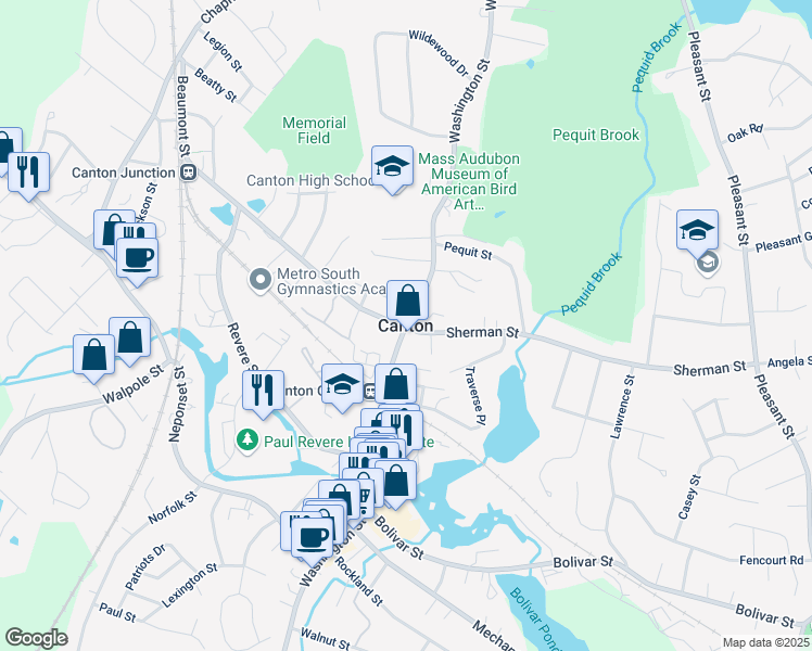 map of restaurants, bars, coffee shops, grocery stores, and more near in Canton