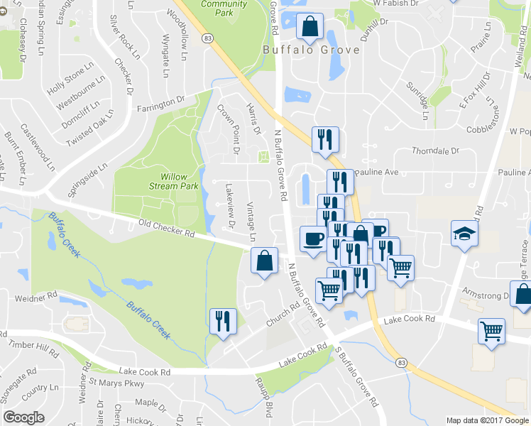 map of restaurants, bars, coffee shops, grocery stores, and more near 284 Manor Drive in Buffalo Grove