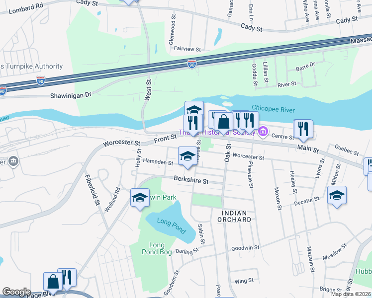 map of restaurants, bars, coffee shops, grocery stores, and more near 1128 Worcester Street in Springfield