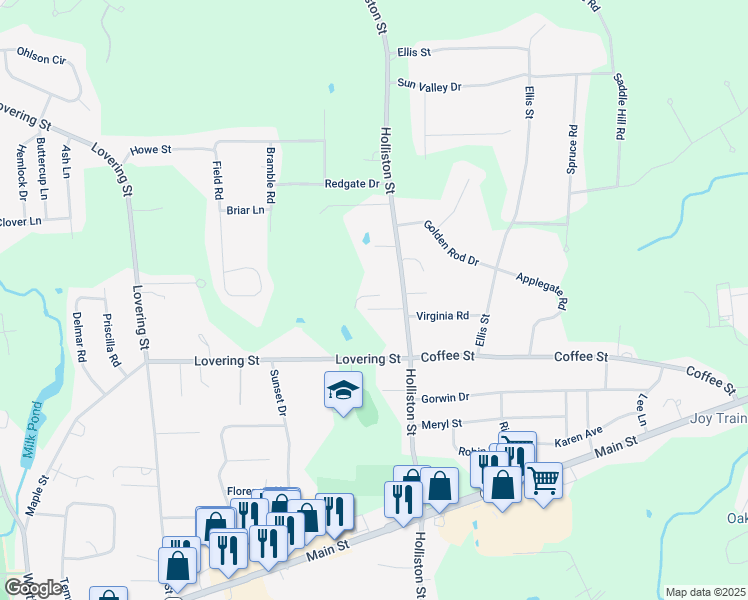 map of restaurants, bars, coffee shops, grocery stores, and more near 115 Holliston Street in Medway