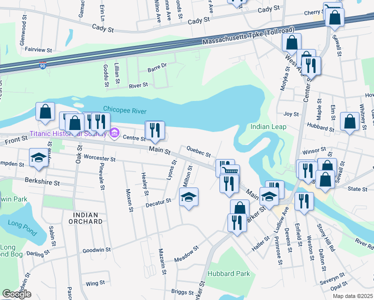 map of restaurants, bars, coffee shops, grocery stores, and more near 28 Quebec Street in Springfield