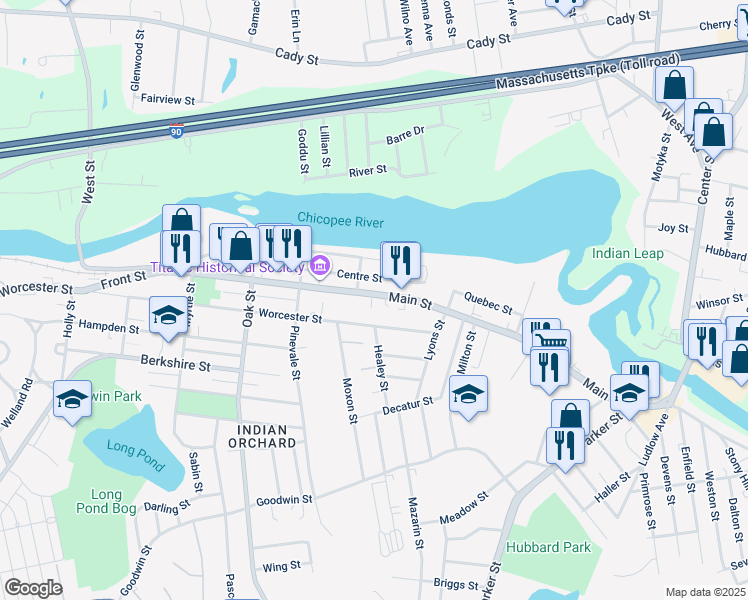 map of restaurants, bars, coffee shops, grocery stores, and more near 243 Main Street in Springfield