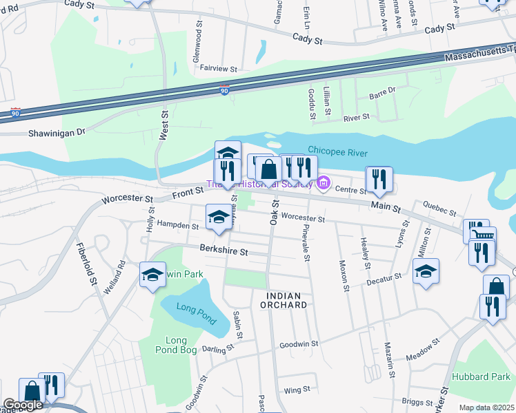 map of restaurants, bars, coffee shops, grocery stores, and more near 1196 Worcester Street in Springfield