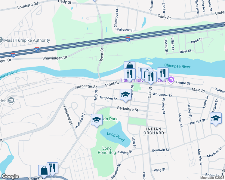 map of restaurants, bars, coffee shops, grocery stores, and more near 1075 Worcester Street in Springfield