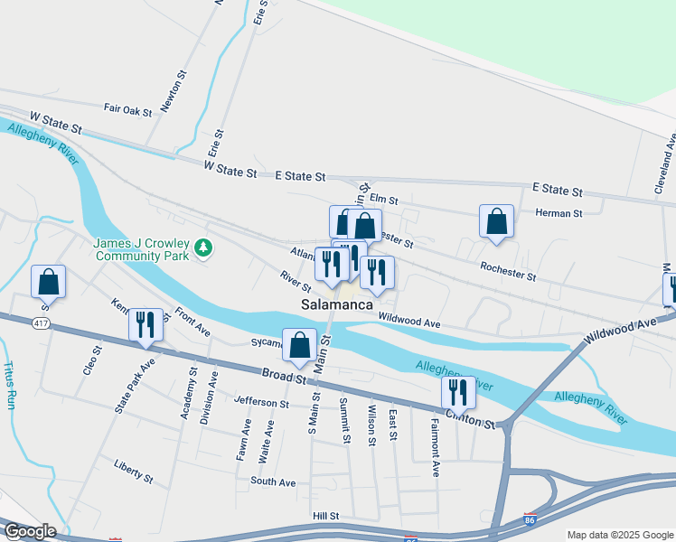 map of restaurants, bars, coffee shops, grocery stores, and more near 107-109 Main St in Salamanca