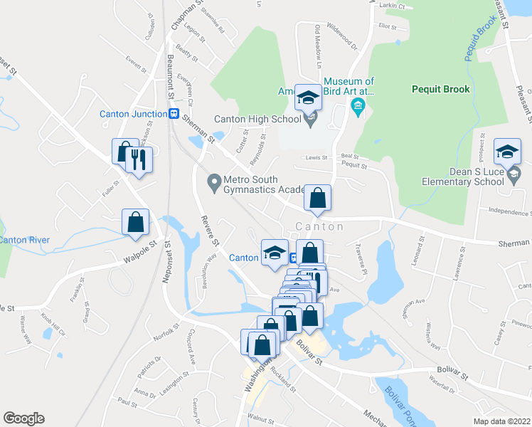 map of restaurants, bars, coffee shops, grocery stores, and more near 60 Maple Street in Canton