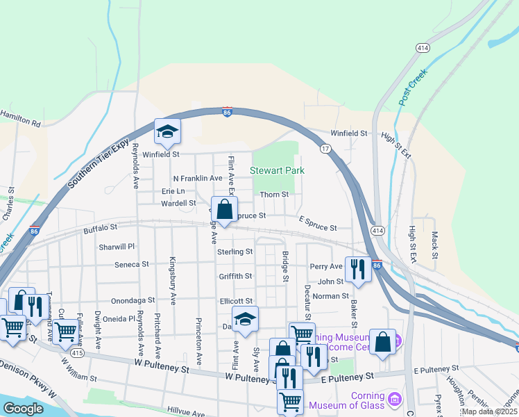 map of restaurants, bars, coffee shops, grocery stores, and more near 296 Sly Avenue in Corning