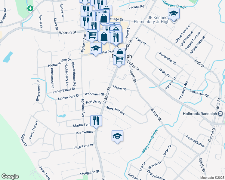 map of restaurants, bars, coffee shops, grocery stores, and more near 106 South Main Street in Randolph