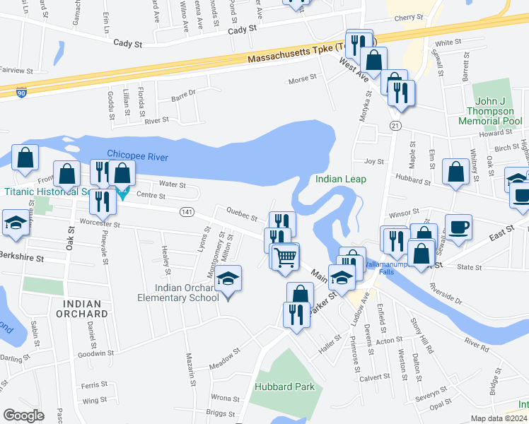 map of restaurants, bars, coffee shops, grocery stores, and more near 28 Indian Leap Street in Springfield