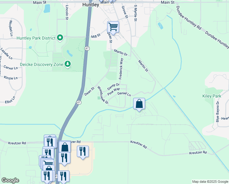 map of restaurants, bars, coffee shops, grocery stores, and more near 11735 Woodcreek Drive in Huntley