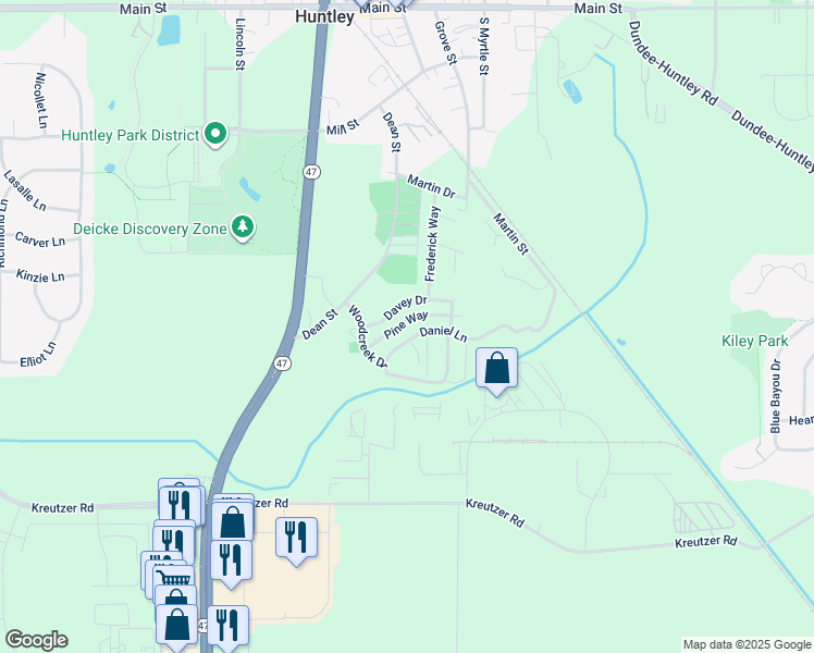 map of restaurants, bars, coffee shops, grocery stores, and more near 11726 Pine Way in Huntley