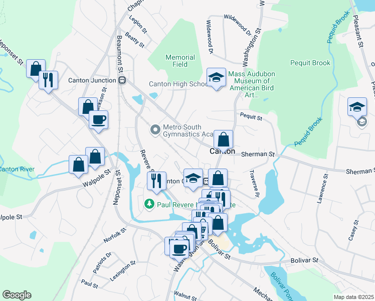 map of restaurants, bars, coffee shops, grocery stores, and more near 60 Maple Street in Canton