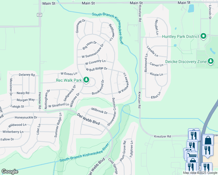 map of restaurants, bars, coffee shops, grocery stores, and more near 11747 Stonewater Crossing in Huntley