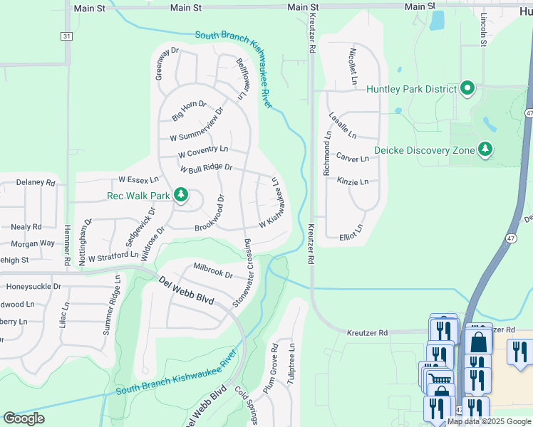 map of restaurants, bars, coffee shops, grocery stores, and more near 11736 River Terrace Lane in Huntley