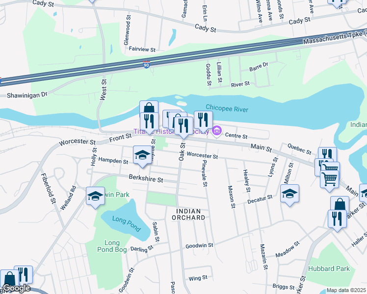 map of restaurants, bars, coffee shops, grocery stores, and more near 90 Caton Ln in Indian Orchard