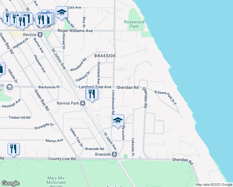 map of restaurants, bars, coffee shops, grocery stores, and more near 365 Lincolnwood Road in Highland Park