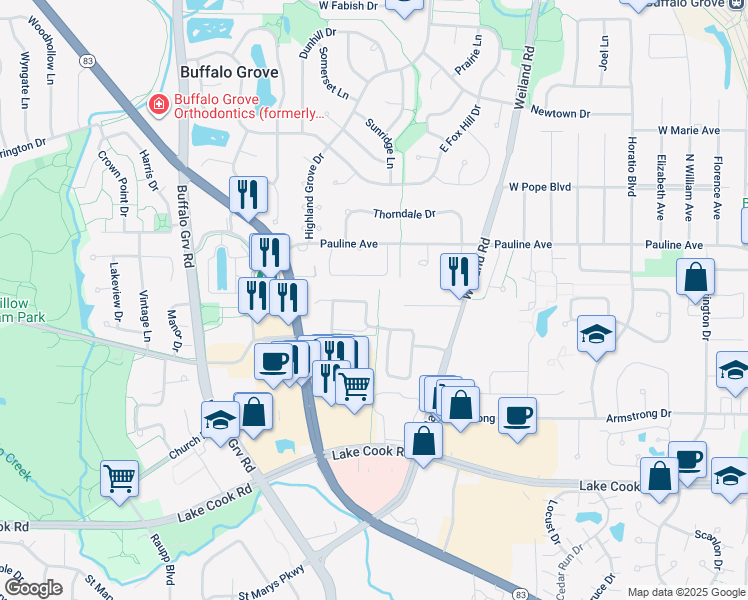 map of restaurants, bars, coffee shops, grocery stores, and more near 94 Woodstone Drive in Buffalo Grove