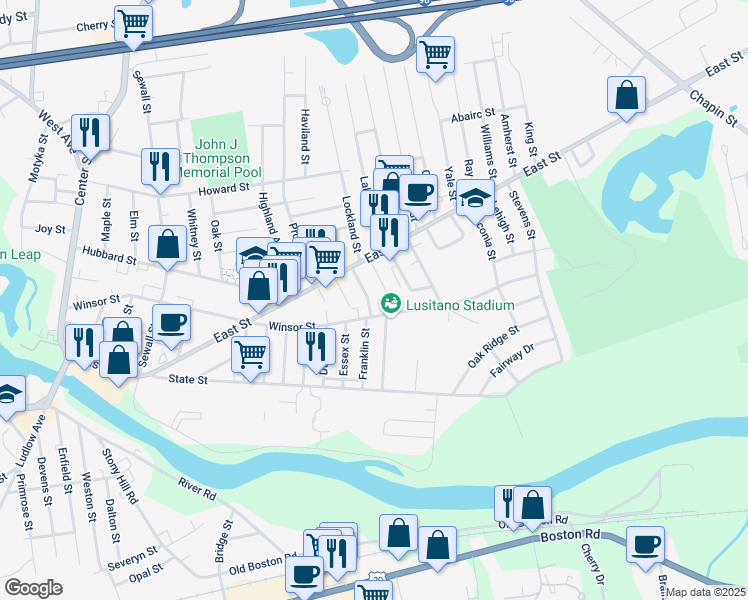 map of restaurants, bars, coffee shops, grocery stores, and more near 41 Warren Street in Ludlow