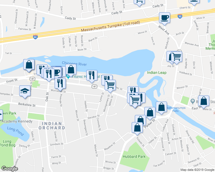 map of restaurants, bars, coffee shops, grocery stores, and more near 57 Quebec Street in Springfield