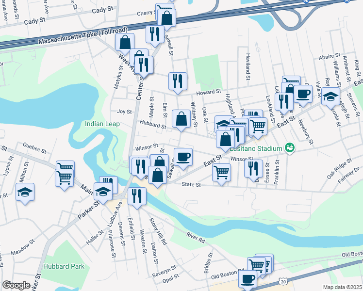 map of restaurants, bars, coffee shops, grocery stores, and more near 119 Winsor Street in Ludlow