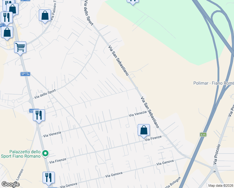 map of restaurants, bars, coffee shops, grocery stores, and more near 69 Via Padova in Fiano Romano