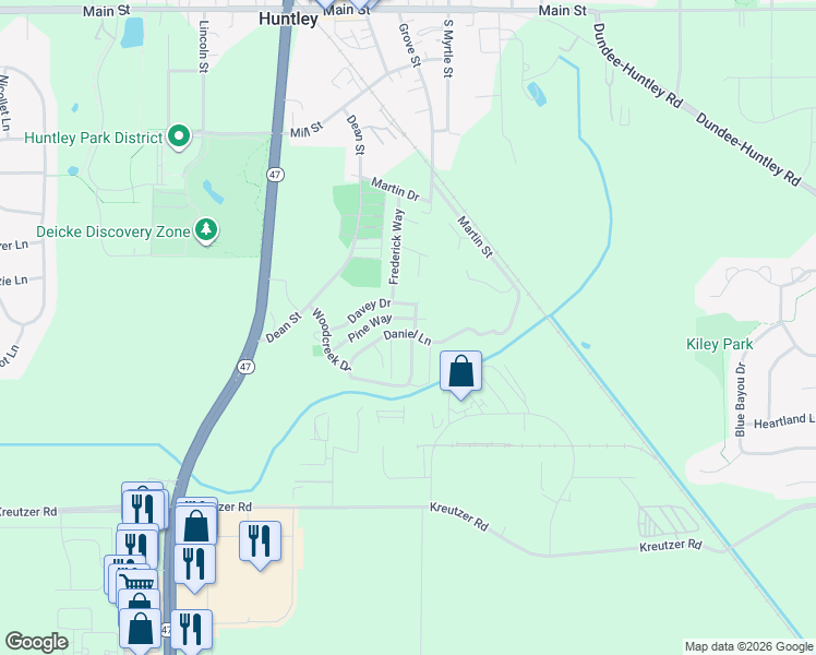 map of restaurants, bars, coffee shops, grocery stores, and more near 116128 Daniel Lane in Huntley