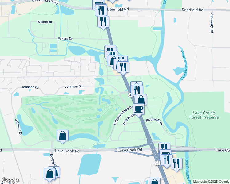map of restaurants, bars, coffee shops, grocery stores, and more near 1726 Johnson Drive in Buffalo Grove