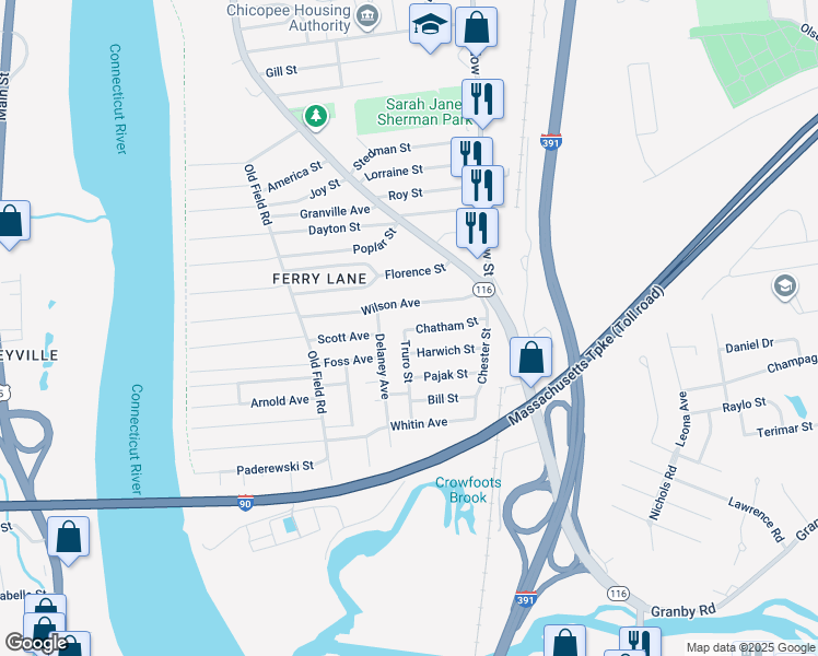 map of restaurants, bars, coffee shops, grocery stores, and more near 94 Chatham Street in Chicopee