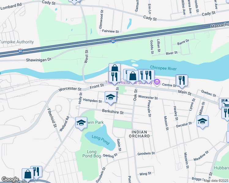 map of restaurants, bars, coffee shops, grocery stores, and more near 1148 Worcester Street in Springfield