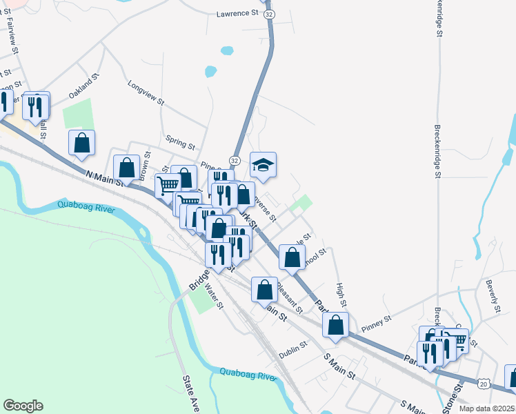 map of restaurants, bars, coffee shops, grocery stores, and more near 35 Converse Street in Palmer