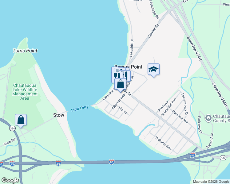 map of restaurants, bars, coffee shops, grocery stores, and more near 50 Lakeside Drive in Bemus Point
