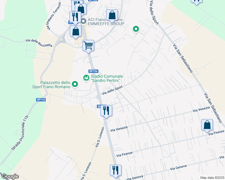 map of restaurants, bars, coffee shops, grocery stores, and more near 82A Via dello Sport in Fiano Romano