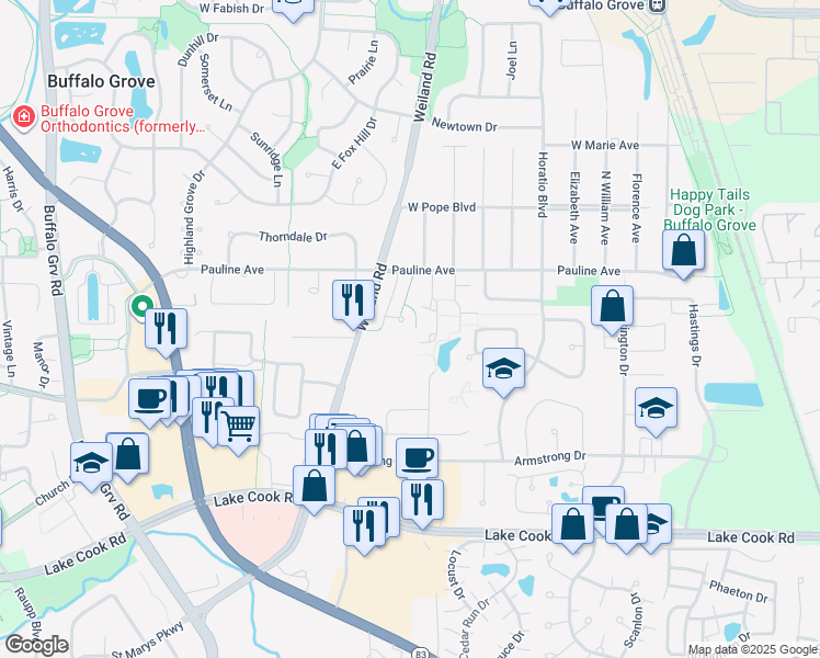 map of restaurants, bars, coffee shops, grocery stores, and more near 331 Mary Belle Circle in Buffalo Grove