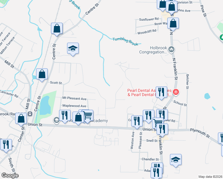 map of restaurants, bars, coffee shops, grocery stores, and more near 100 R Westdale Rd in Holbrook