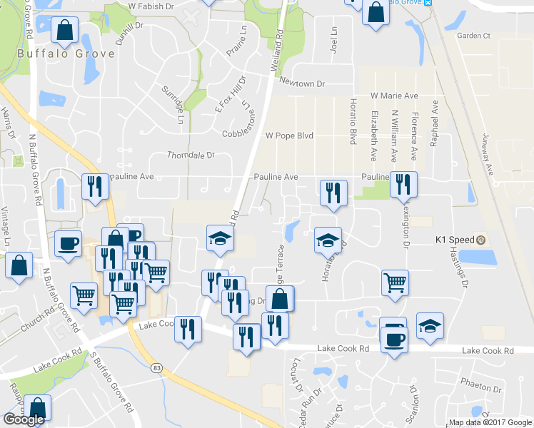 map of restaurants, bars, coffee shops, grocery stores, and more near 331 Mary Belle Circle in Buffalo Grove