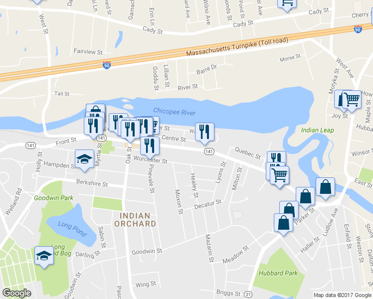 map of restaurants, bars, coffee shops, grocery stores, and more near 243 Main Street in Springfield