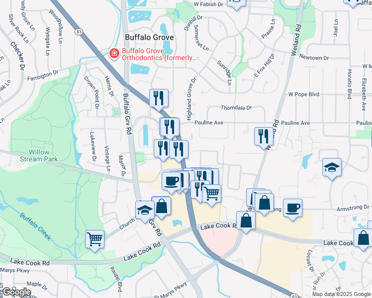 map of restaurants, bars, coffee shops, grocery stores, and more near 42 Woodstone Court in Buffalo Grove