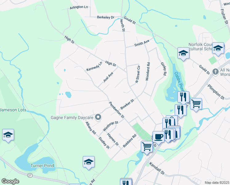 map of restaurants, bars, coffee shops, grocery stores, and more near 22 Fern Drive in Walpole