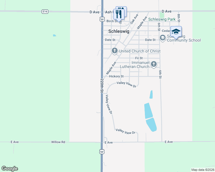 map of restaurants, bars, coffee shops, grocery stores, and more near 801 Valley View Drive in Schleswig