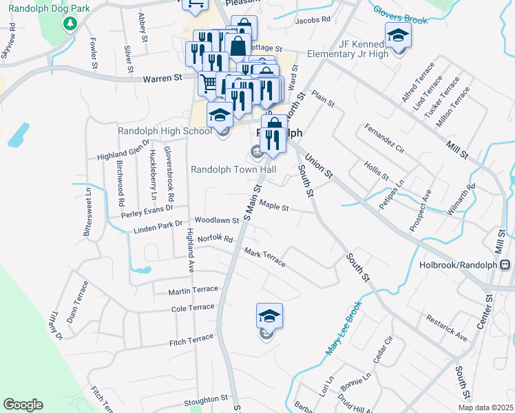 map of restaurants, bars, coffee shops, grocery stores, and more near 106 South Main Street in Randolph