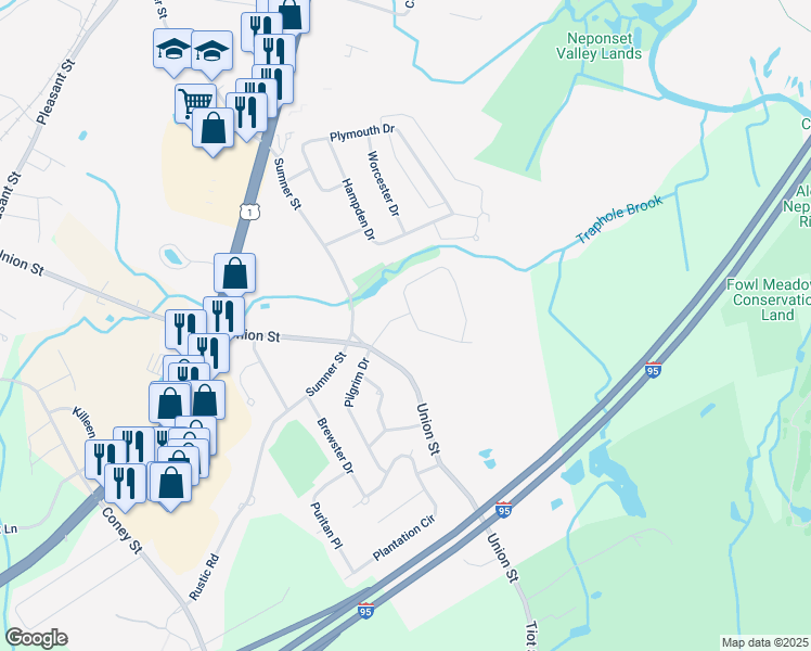 map of restaurants, bars, coffee shops, grocery stores, and more near 23 Coach Lane in Norwood