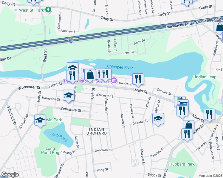 map of restaurants, bars, coffee shops, grocery stores, and more near 1288R Worcester Street in Springfield